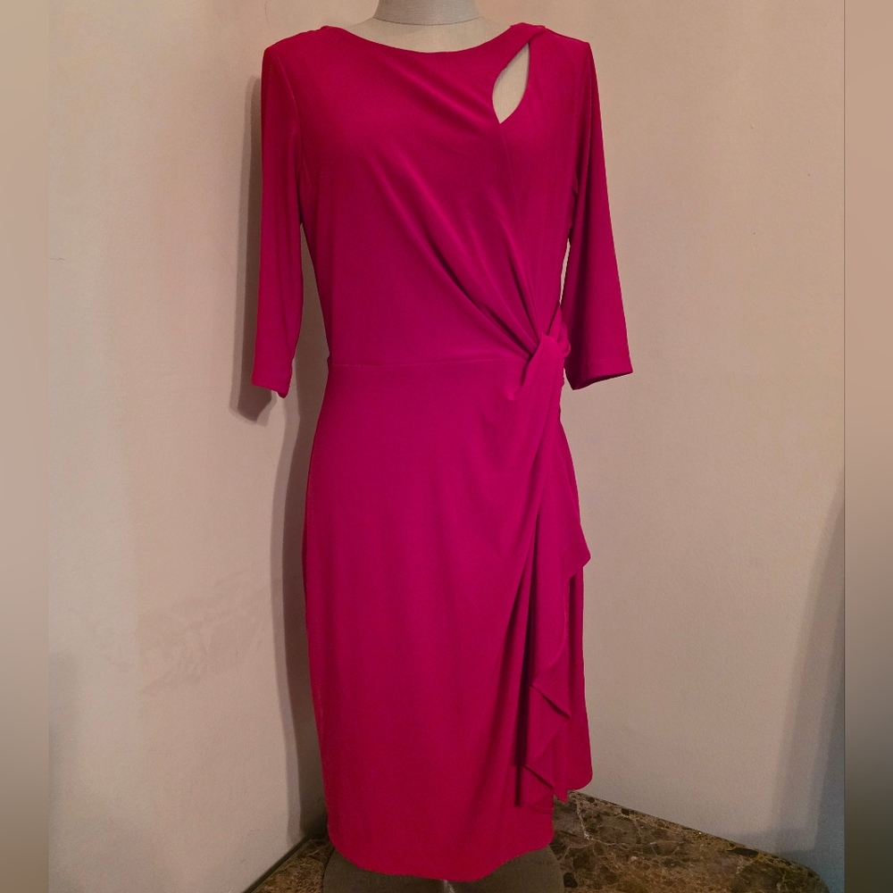 Emma & Michele Red Ruched Asymmetrical 3/4 Sleeves Dress. Sz Med. EUC